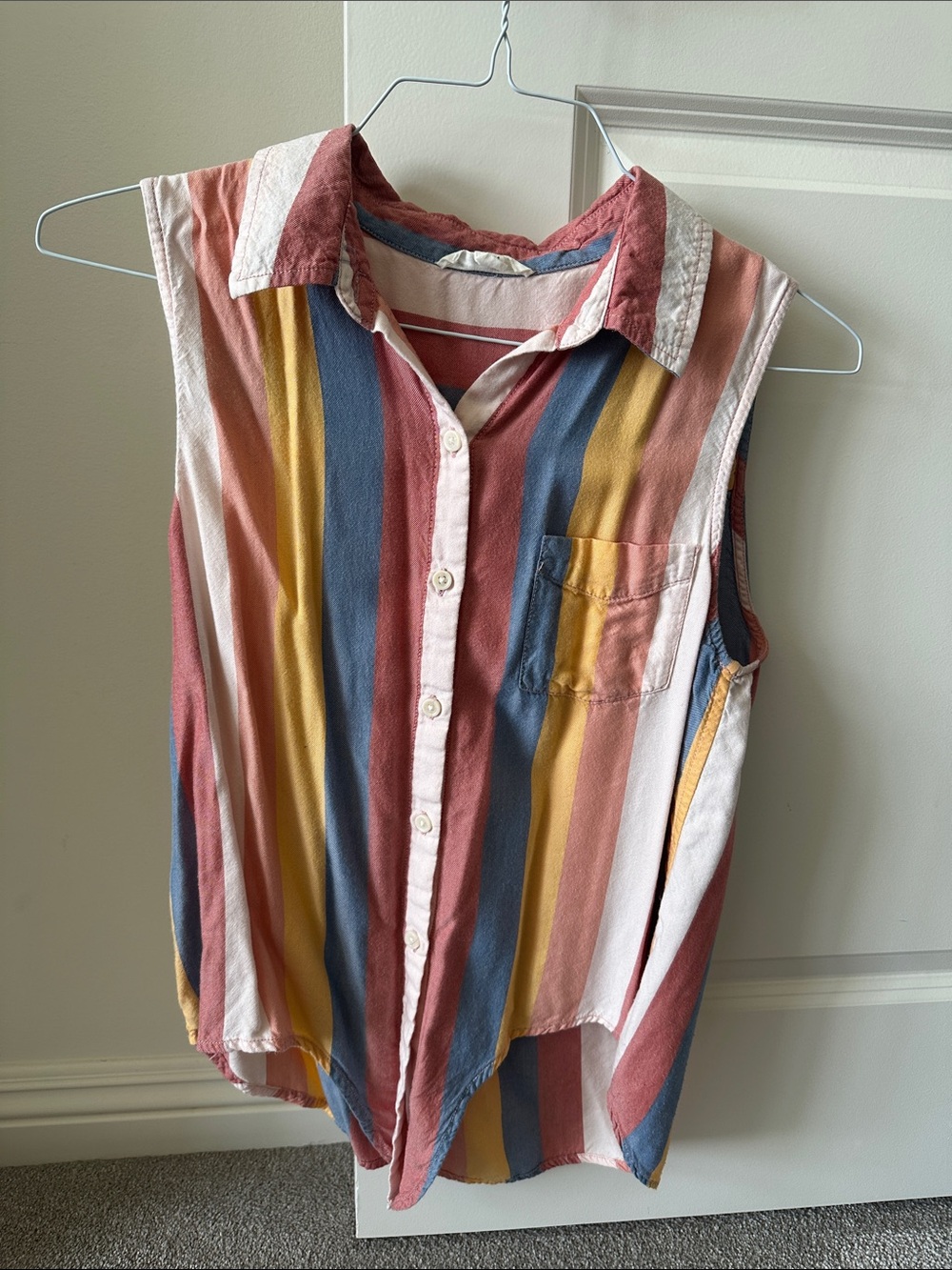 beachlunchlounge Sleeveless Button-Down Stripe Shirt - Pink/Blue/Yellow